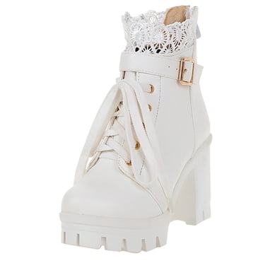 Jsaierl Platform Boots for Women, Heeled Combat Boots Chunky Heel Booties Round Toe Lace Up High Heel Ankle Boots