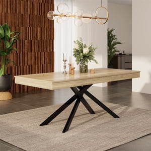 Table à manger extensible de 55"-71" pour 6-8, Table de cuisine moderne avec pieds croisés en métal, Table à dîner en bois rectangulaire, Space Saving Table à manger pour salle à manger,Oak