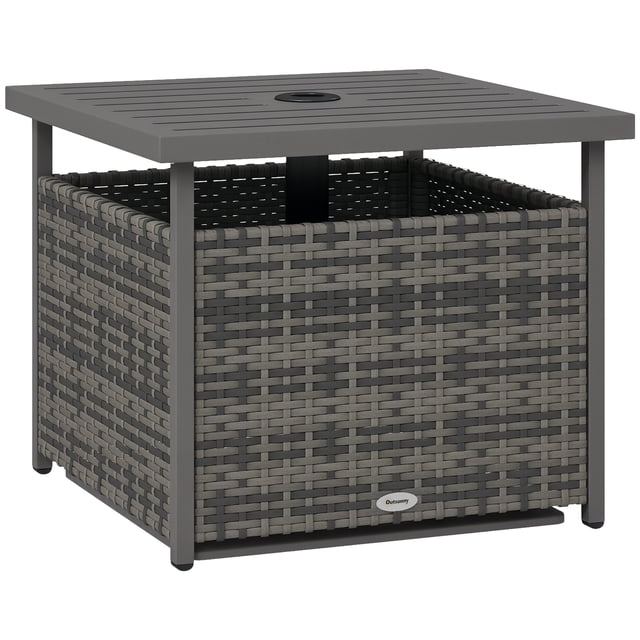 Outsunny Table Basse en Rotin avec Trou pour Parasol pour Cour Arrière Gris Mixte. Cette Table Basse d'Extérieur Présente un design en Osier de Rotin PE Gris Mixte avec un Cadre en Acier Enduit de Poudre pour la Durabilité. le Plateau en Acier à Lattes Comprend un Trou pour Parasol de 1,5 Po (4 cm) de Diamètre pour l'Installation d'Ombre. le Panier en Rotin en Dessous Offre un Rangement Ou Peut Être Lesté pour la Stabilité Lors du Soutien d'Un Parasol. Parfait pour les patios, les Cours Arrière Ou comme Meuble d'Accent du Salon.
