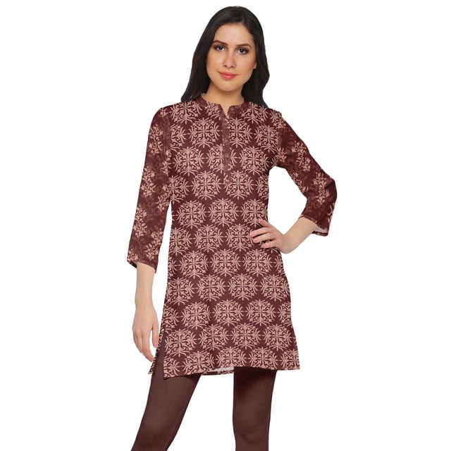 Moomaya Kurtis Courtes à Col Montant en Poly-Crêpe pour Femmes, Haut de Robe Imprimé