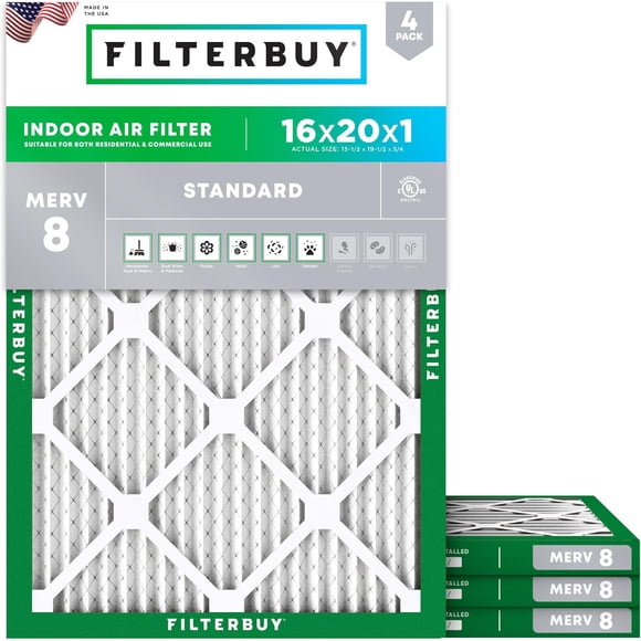 Filterbuy 16x20x1 Air Filter MERV 8 Dust Defense, HVAC AC Furnace Air Filters Replacement (4-Pack)