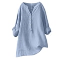 thumbnail image 1 of Womens Tops Clearance 3/4 Sleeve Cotton and Linen Tunic Tops Solid Color Plus Size V Neck Button Relaxed Fit Blouse Army Green 8(L), 1 of 6