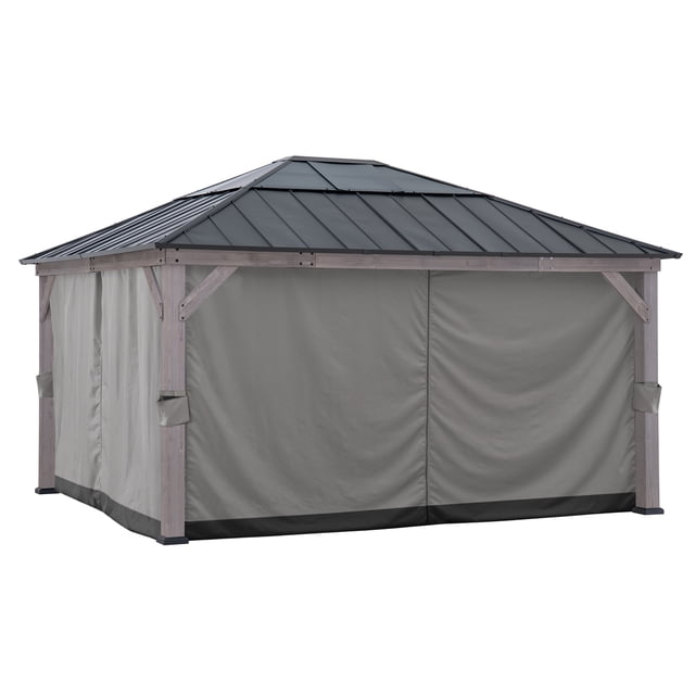 Sunjoy Replacement Curtains for 13 ft. × 15 ft. Gazebos in grey, fully enclosing a wooden-framed gazebo with a dark grey metal roof. Made from weather-resistant polyester with UV and water-resistant coating, these curtains provide outdoor privacy and protection. They include tie-back straps and a black bottom hem, fitting specific Sunjoy gazebo models and enhancing patio outdoor privacy screens.