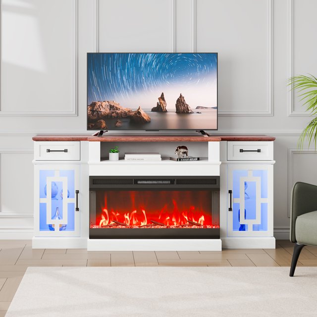 VEVOR Meuble TV avec Cheminée 80 Pouces avec 20 Lumières LED Télécommande & Minuterie Marron+blanc