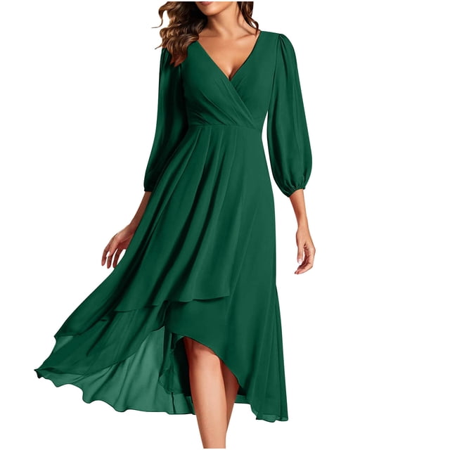 Liquidation! Mode pour Femmes, Robe de Mariage Mi-Longue en Mousseline pour Femmes à Fermeture Éclair, Plissée, Ligne A, à Manches Longues et Col en V, Vert, TG