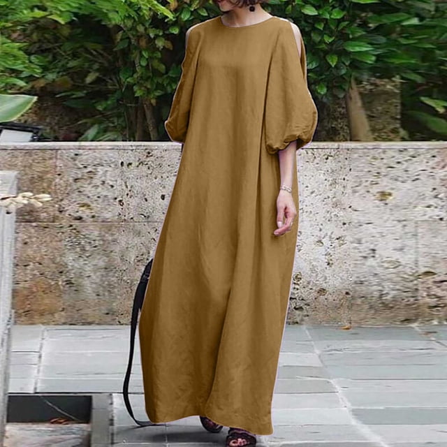 Gspmoly Robes pour Femmes Grande Taille, Mode pour Femmes Coton et Lin Col Ras du Cou Ample Manches Bouffantes Demi-Manches Robe Longue Unie Robes d'Été pour Femmes Offres