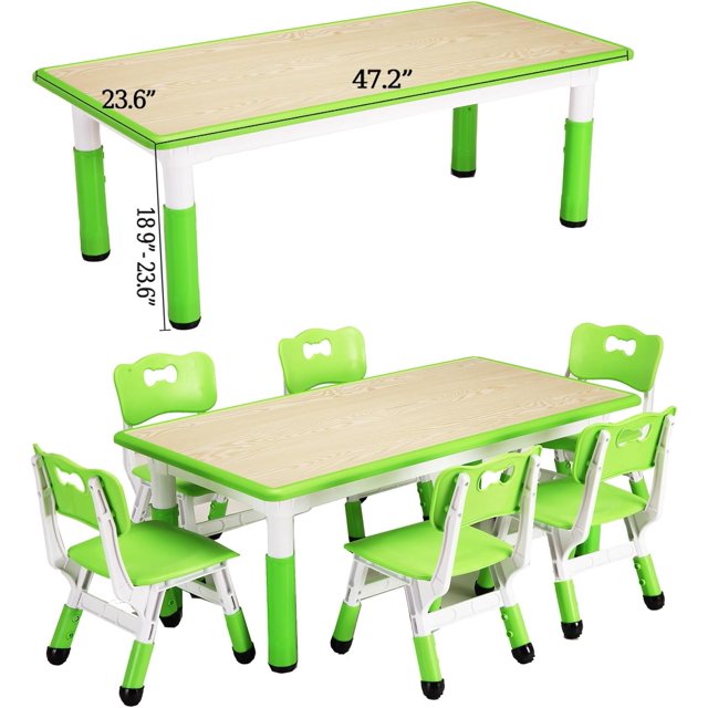 Ourlova Kids Table and Chairs Set of 7 Height Adjustable Desk with 6 Seats Arts & Crafts Table Graffiti Desktop Non-Slip Legs Children Multi-Activity Table