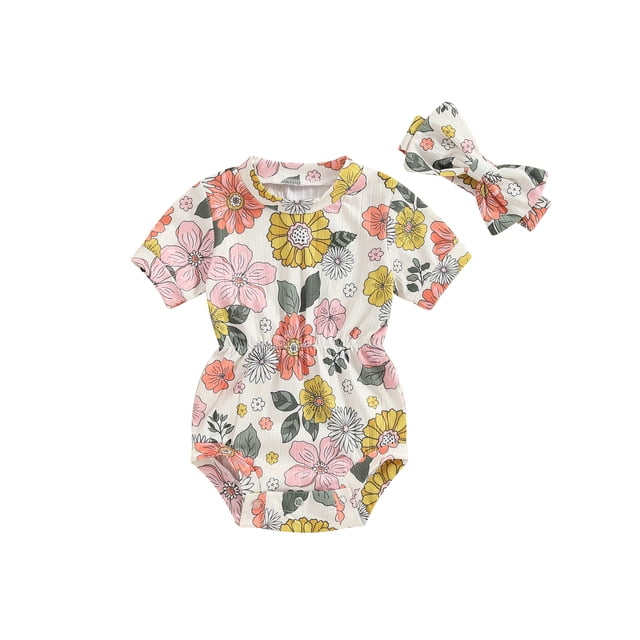 EYIIYE Toddler Little Girl 2 Piece Summer Set 0 3M 6M 9M 12M 18M Infant Baby One-piece Rompers Round Neck Jumpsuits Daisy Print Ribbed Short Sleeve Bods Fashion Casual Cute Outfits for Daily
