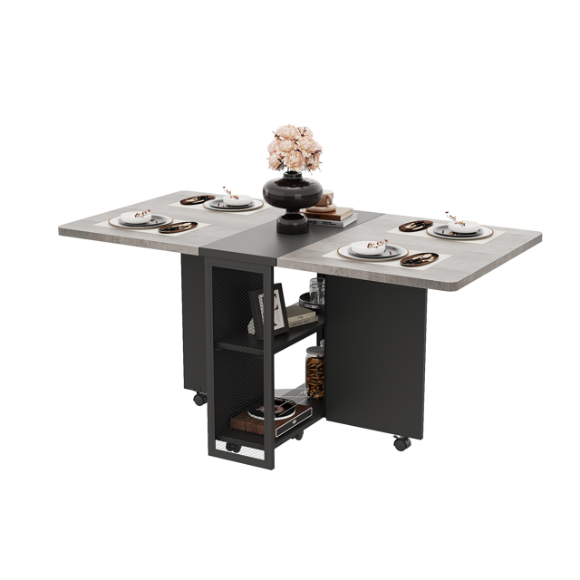 Drop Leaf Dining Table with 2-Tier Storage, Rolling Kitchen Table on Lockable Wheels, Space-Saving Folding Table for 4-6