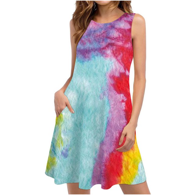 EGNMCR Robes d'Été Femmes Tendance 2024 Robes d'Été pour Femmes Plage Floral T-Shirt Robe Soleil Décontractée Poches Boho Robe Débardeur