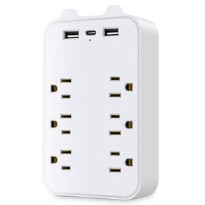 9-in-1 Surge Protector 6-Outlet Extender with 2 USB & 1 USB-C Ports Power Strip Multi Plug Outlets Wall Adapter Spaced for Home Travel Office