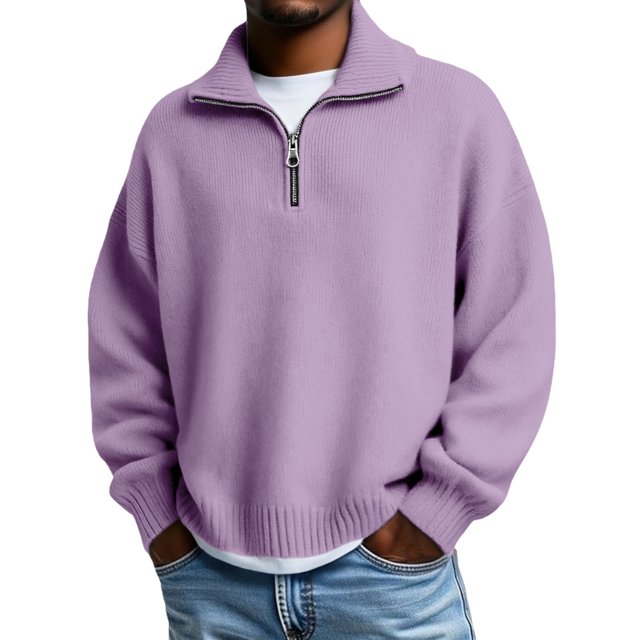 WTXUE Womens Long Sleeve Quarter Zip Pullover Sweater Casual Loose V Neck Collared Ribbed Knit Jumper Tops Soft Oversized Tunic Sweaters Light Violet L