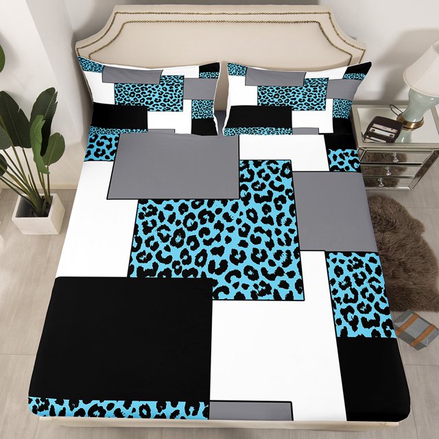 YST Mid Century Modern Queen Bed Sheets,Geometric Striped Fitted Sheet,Black White Blue Bed Set,Abstract Cheetah Bedding Set with 2 Pillowcases Microfiber,no Flat Sheet(No Top Sheet)