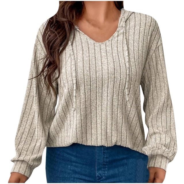 AherBiu Plus Size Tops for Women Ribbed Long Sleeve Hooded Pullover Spring Casual Loose Going out Tops