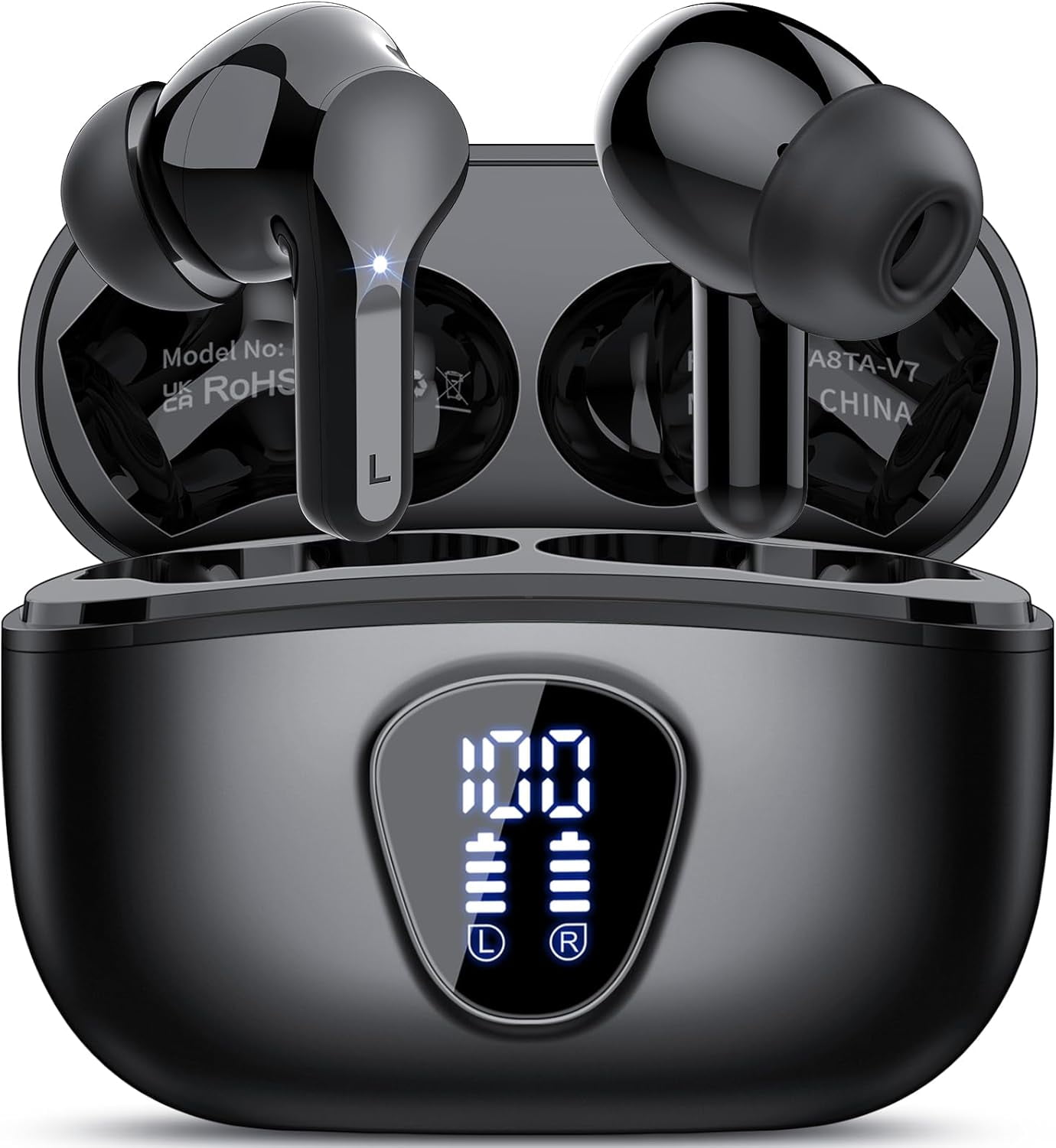 Aptkdoe Wireless Earbuds, Bluetooth 5.4 Headphones HiFi Stereo, Bluetooth Earbuds with 4 ENC Noise Cancelling Mic, IP7 Waterproof in Ear Earphones, 48H LED Display Ear buds for iPhone Android, Black