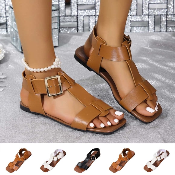 Gspmoly Womens Sandal Slides, Women's Fashion Casual Belt Buckle Spring And Summer New Flat Hollow Sandals Shower Slides Black 36