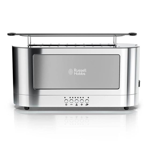 Russell Hobbs 2-Slice Glass Accent Long Toaster in silver and stainless steel, model TRL9300GYR. Features a sleek, extended design for toasting long bread slices or two smaller slices side-by-side. Includes a removable warming rack for buns and pastries, variable browning control with six settings, and three functions: bagel, frozen, and cancel. The front panel displays control buttons and the Russell Hobbs logo.