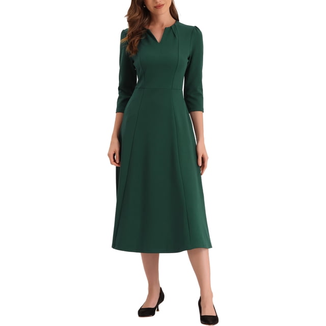 INSPIRE CHIC Robe de Travail pour Femme Ligne A Manches 3/4 Robe Midi Élégante TP Vert Foncé