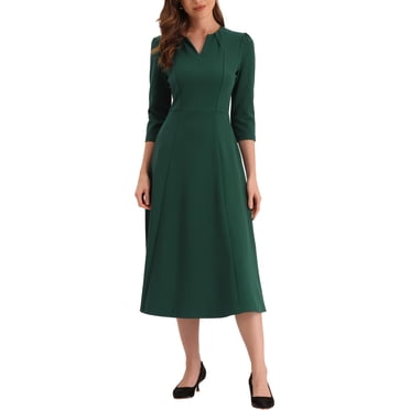INSPIRE CHIC Robe de Travail pour Femme Ligne A Manches 3/4 Robe Midi Élégante L Vert Foncé