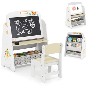 Costway 4-in-1 Kids Table & Chair Set with Magnetic Whiteboard & Blackboard Storage Shelf Natural