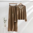 thumbnail image 2 of Yuyuzo Womens Ribble Knit Fall 2 Piece Sets Long Sleeve Lapel V Neck Shirts with Straight Leg High Waisted Pants, 2 of 7