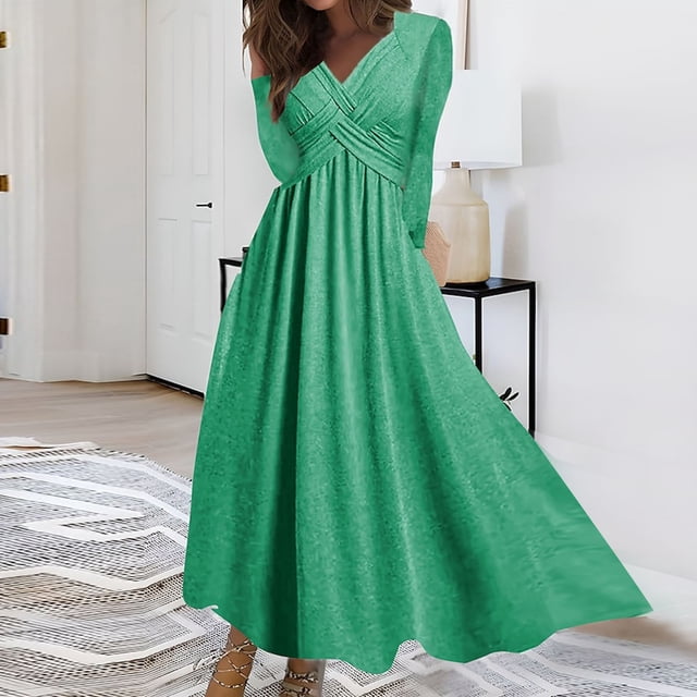 Pisexur Robe à Manches Longues à Col en V pour Femme Automne Hiver Décontractée Ample Couleur Unie Robe Longue à Manches Longues à Col en V Robe pour Femme en Liquidation