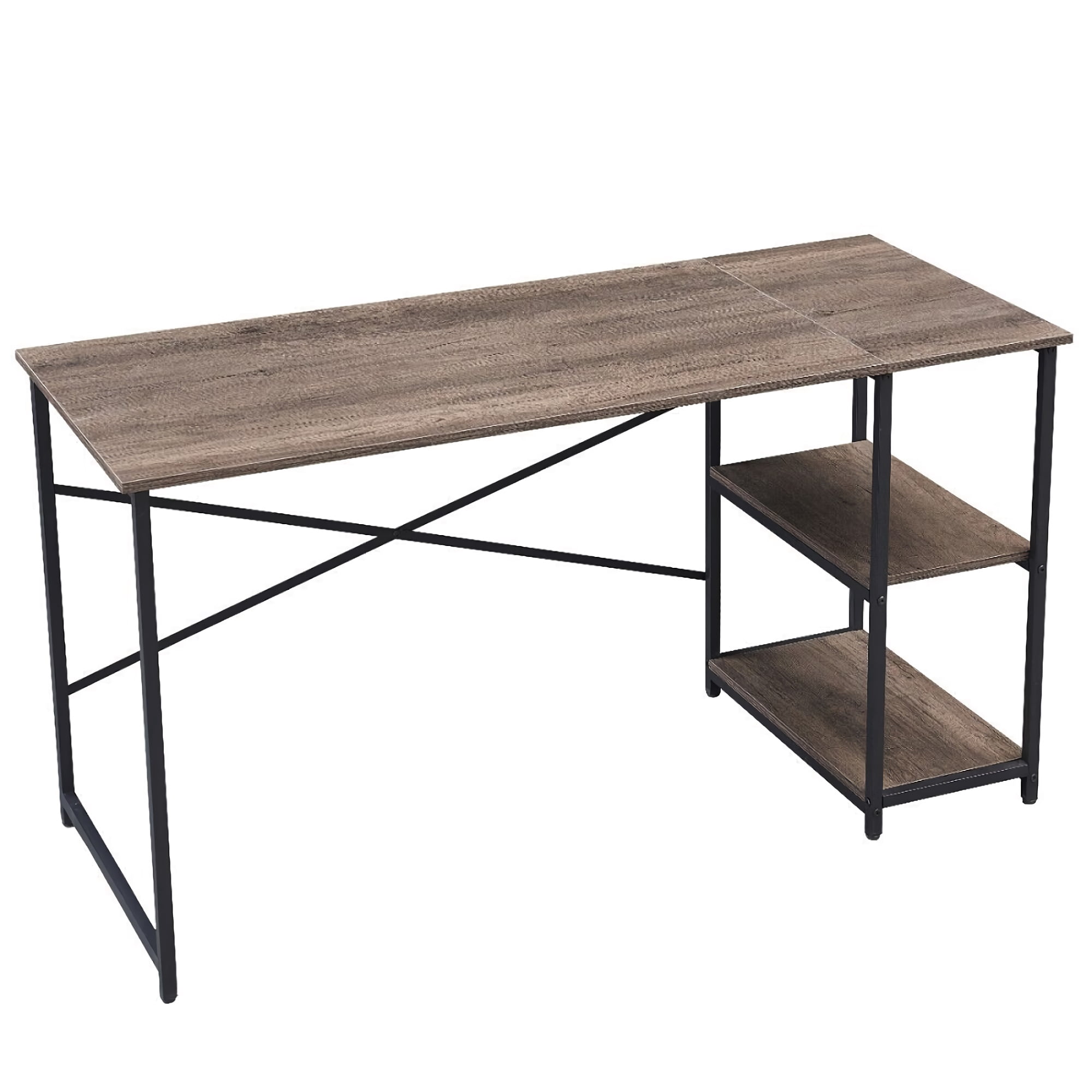 55" Computer Desk, Office Study Gaming Table Laptop Desk with 2 Tier Shelf, Metal Frame, for Home, Bedroom, Office