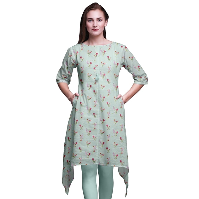 Bimba Kurti Asymétrique Imprimé Floral Feuilles de Trèfle Vert pour Femmes Robe d'Été Indienne Tunique Grand