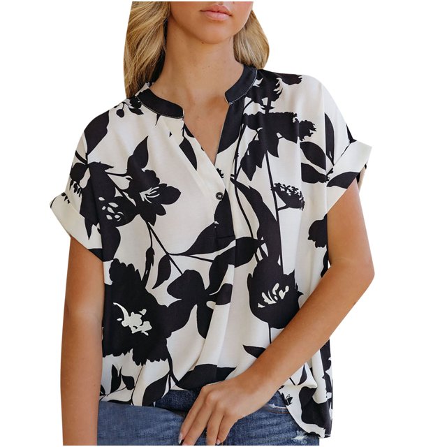 Pompotops Chemisier en Chiffon pour Femme, Décontracté, Aguichant, Mode, Été, Imprimé, Manches Courtes, Col en V, Boutonné