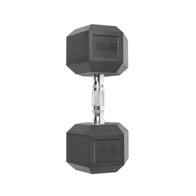 CAP Barbell Coated Hex Dumbbell, Single 55 lb, with black coated hex iron heads embossed with weight and a chrome knurled steel handle for grip, suitable for targeted muscle and full-body strength training exercises.
