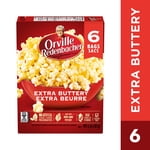 Orville Redenbacher Extra Buttery Microwave Popcorn, 100% Whole Grain Popcorn, Non‑GMO Popcorn, Gluten Free, High Source of Fibre, 492 g (6 bags x 82 g)