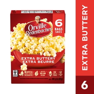 Orville Redenbacher Beurre supplémentaire Micro-ondes Popcorn, 100% Popcorn à grains entiers, popcorn non-OGM, sans gluten, source élevée de fibres, 492 g (6 sacs x 82 g)