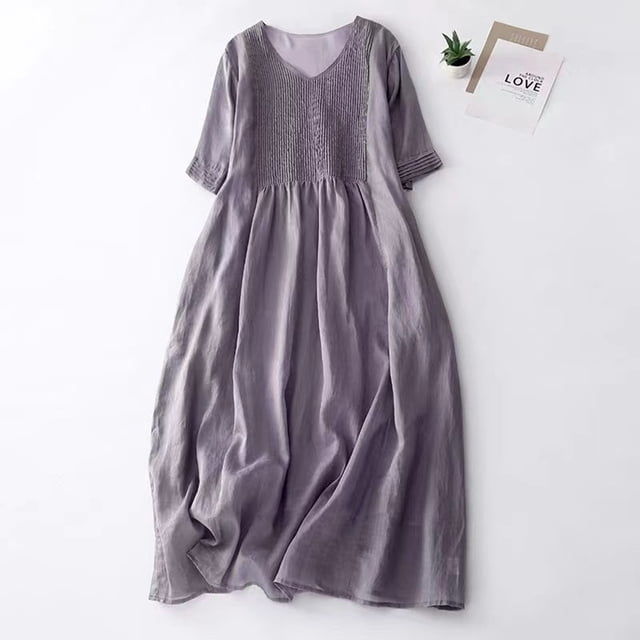 Meichang Robes Amples à Col Ras du Cou pour Femmes, Coupe Ample Surdimensionnée, Robes Décontractées en Coton et Lin, Tunique Confortable à Manches Courtes, Robes de Plage avec Poches, Robes Midi Unies, Violet G
