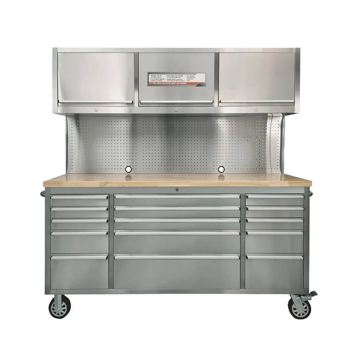 TMG Industrial Stainless Steel Rolling Workbench Cabinet Combo, 72", 15 Lockable Drawers, Wall-Mounted Cabinets, Pegboard, Adjustable Shelving, TMG-WBC72S