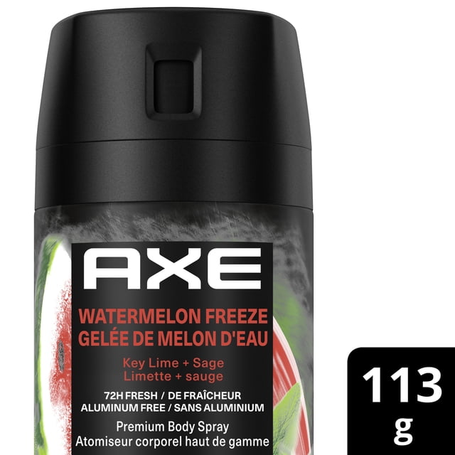 AXE Fine Fragrances Vaporisateur pour le Corps Watermelon Freeze Key Lime + Sage 72H Fraîcheur 113 g avec Capuchon de Pulvérisation Noir et Étiquette Présentant des Graphiques de Melon d'Eau et de Lime, Formule Sans Aluminium Offrant une Fraîcheur Durable et une protection contre les Odeurs.