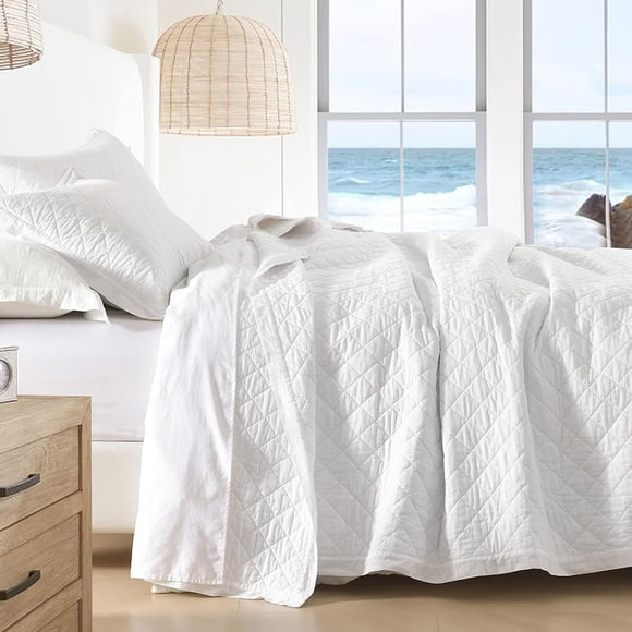 SahSahCasa Ensemble de Courtepointe Format Grand Lit, Ensemble de Literie Courtepointe 100 % Coton Couvre-Lit, Motif Losange Couture Couleur Unie Chic Couette Matelassée Légère pour Lit Grand Lit, Blanc, Toutes Saisons, 3 Pcs