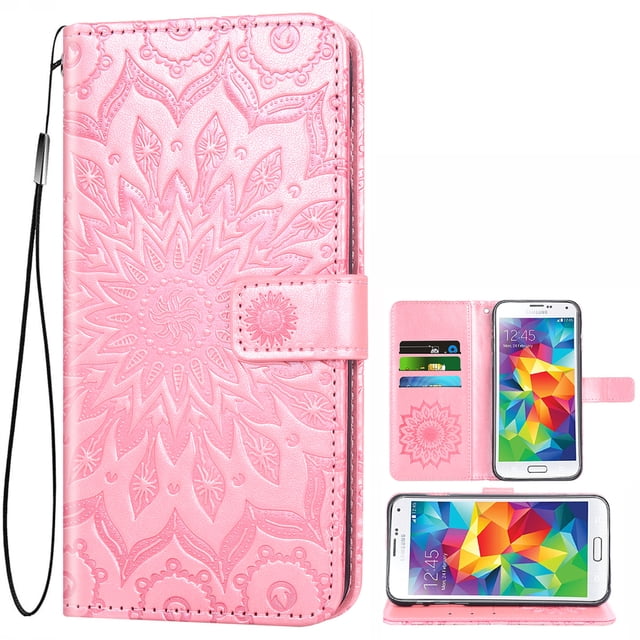 Étui de Téléphone pour Samsung Galaxy S5, Étui Portefeuille Folio à Rabat, Porte-Cartes en Cuir PU avec Fentes, Protection Intégrale Robuste, Support, Étui de Protection pour Téléphone pour Galaxy S5 Femmes, Or Rose