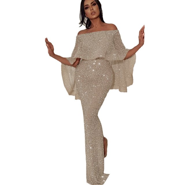 Pompotops Ladies Back Big Leaf Wrapped Chest And Shoulder BlingBling Package Hip Split Evening Dress