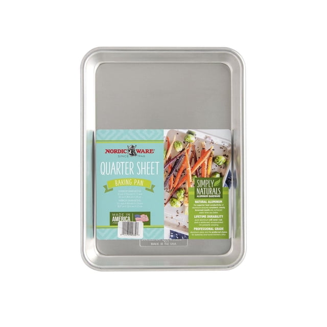 Nordic Ware Aluminum Rectangular Baking sheet quarter sheet pan in uncoated natural aluminum with rolled edges, flat rectangular silhouette, 1 lb, safe for use under the broiler and labeled lifetime warranty. Often used as a small roasting or cooling tray.