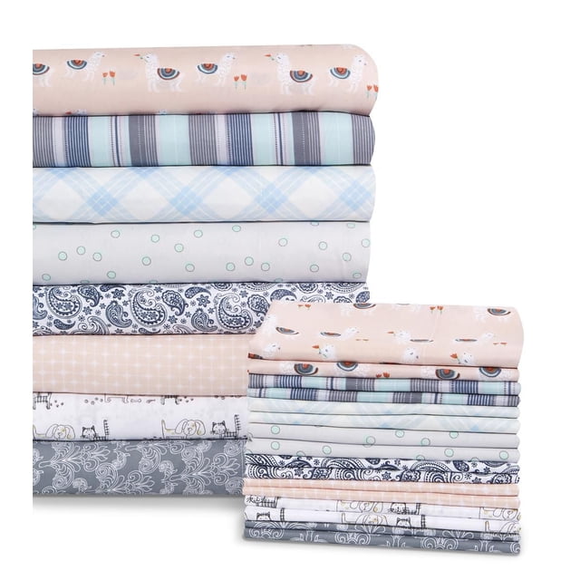 Martex easy care sheet sets in wrinkle resistant 100% polyester fabric, stacked with various prints including llamas, stripes, plaid, polka dots, paisley, and animal sketches in pastel and neutral colours, suitable for bedding and home use.