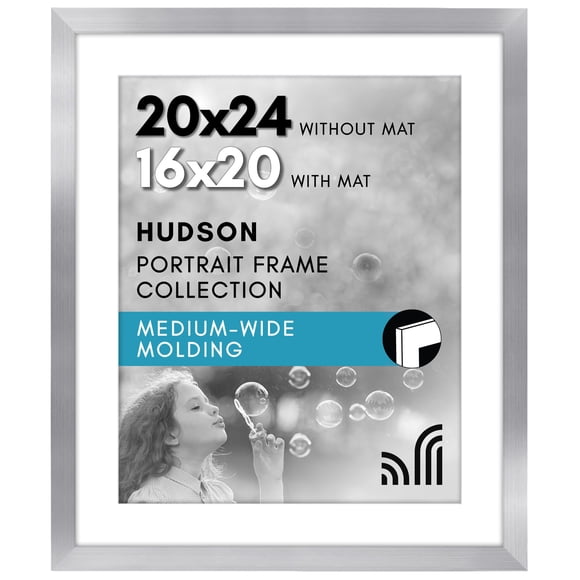 Americanflat 20X24 Picture Frame With Polished Plexiglass - Use As 16X20 Frame With Mat Or Display 20X24 Photo Without Mat - Hudson Collection - Wide Picture Frames For Wall Display - Silver