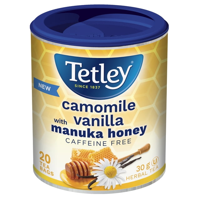 Tetley Camomile Vanilla Manuka Honey Tea 20 ct box with Tetley Tea logo, front-facing cream-and-gold packaging labeled camomile vanilla Manuka honey herbal infusion and 20-count callout; clear view of flavor text, often used as a soothing bedtime herbal infusion.