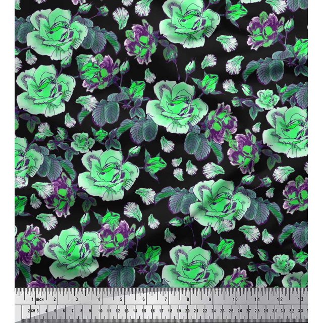 Soimoi Green Moss Georgette Fabric Leaves & Floral Print Sewing Fabric BTY 42 Inch Wide
