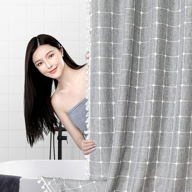 Boovnll Rideau de Douche Bohème Style Ferme, Ensemble de Rideau de Douche en Lin à Rayures Robustes avec Pompon, Hydrofuge, Rideau de Douche en Tissu Bohème Vintage Campagnard
