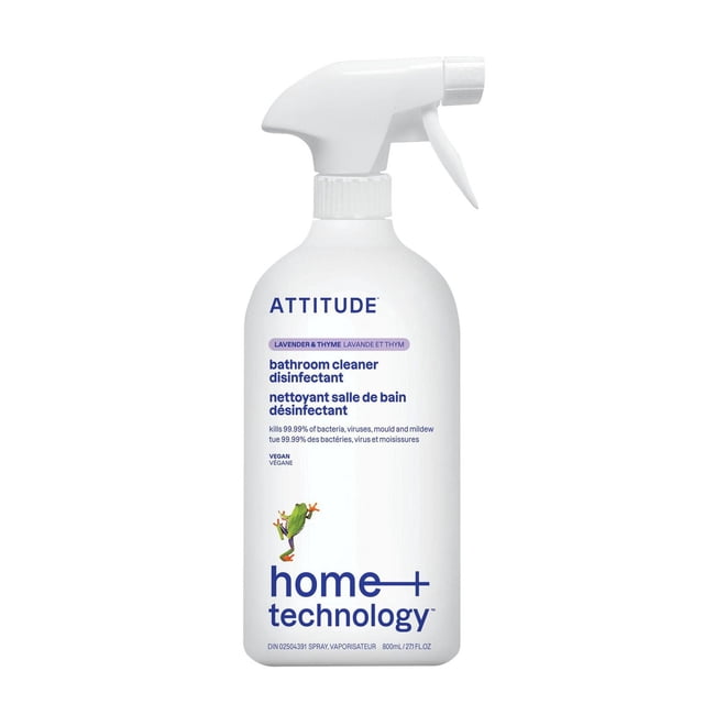 ATTITUDE home+ technology bathroom cleaner disinfectant 99.99% kills bacteria, viruses, mold, and mildew with lavender and thyme scent in an 800ml white spray bottle featuring blue text and a small green frog graphic, suitable for disinfecting bathroom surfaces.