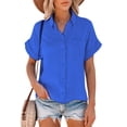 thumbnail image 1 of MAWCLOS Chemises pour Femmes Blouse à Col à Revers Manches Courtes Hauts Amples Plage Tunique Boutonnée Chemise Bleu 3TG, 1 of 2