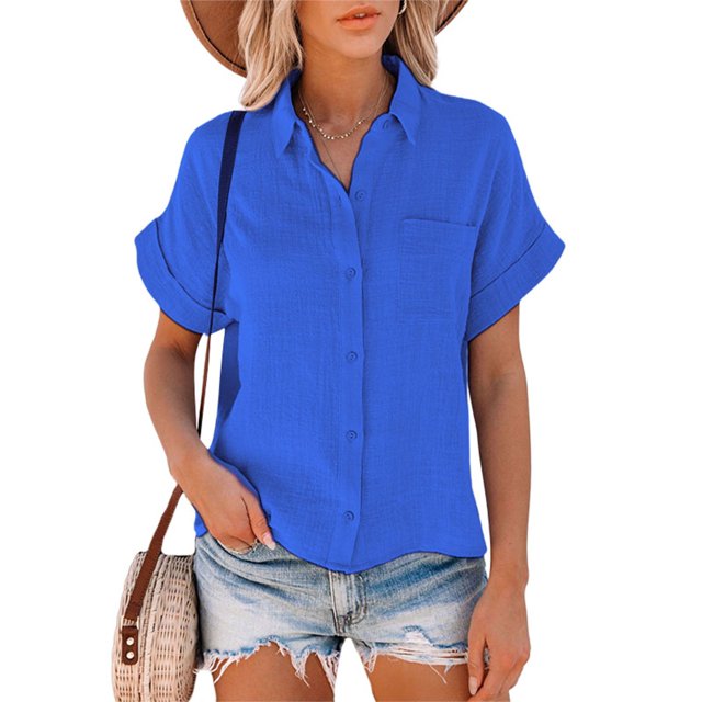 MAWCLOS Chemises pour Femmes Blouse à Col à Revers Manches Courtes Hauts Amples Plage Tunique Boutonnée Chemise Bleu 3TG