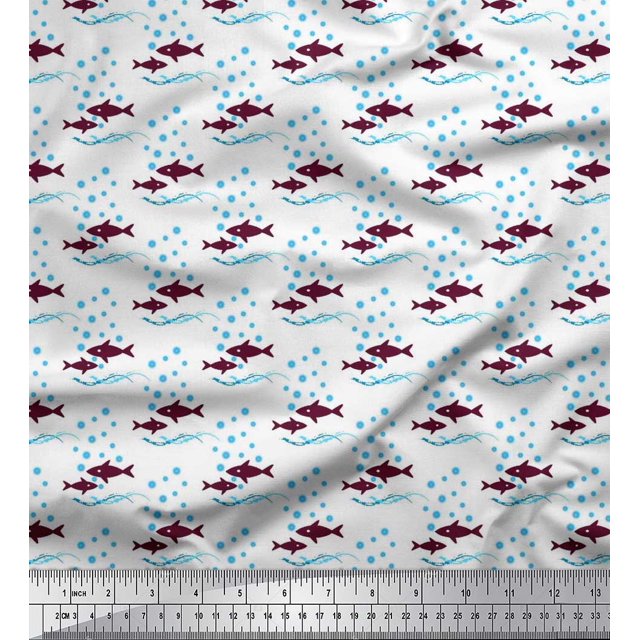 Soimoi Poly Georgette Fabric Waves,Bubbles & Fish Ocean Decor Fabric Printed Yard 52 Inch Wide