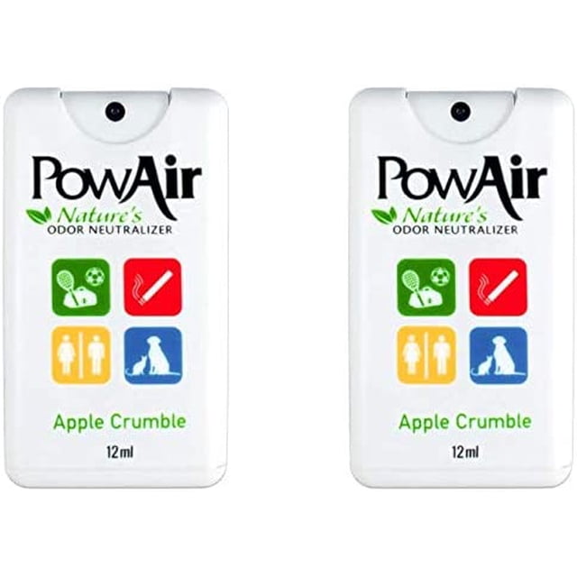 PowAir Odor Neutralizer Travel Spray Card Apple Crumble – 2 Pack, featuring two portable 12ml spray cards with a white design and colourful icons indicating safe use around pets, people, and plants. Formulated with over 40 essential oils, it neutralizes odours with a fresh apple crumble scent. Compact and ideal for travel.