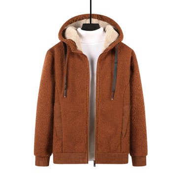 EGNMCR Jackets for Men Men's Lamb Fleece Hooded Long Sleeve Zipper Sweater Teddy Fleece Warm Cardigan Plus Fleece Coat